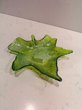 Green Glass Leaf-Shaped Decorative Bowl